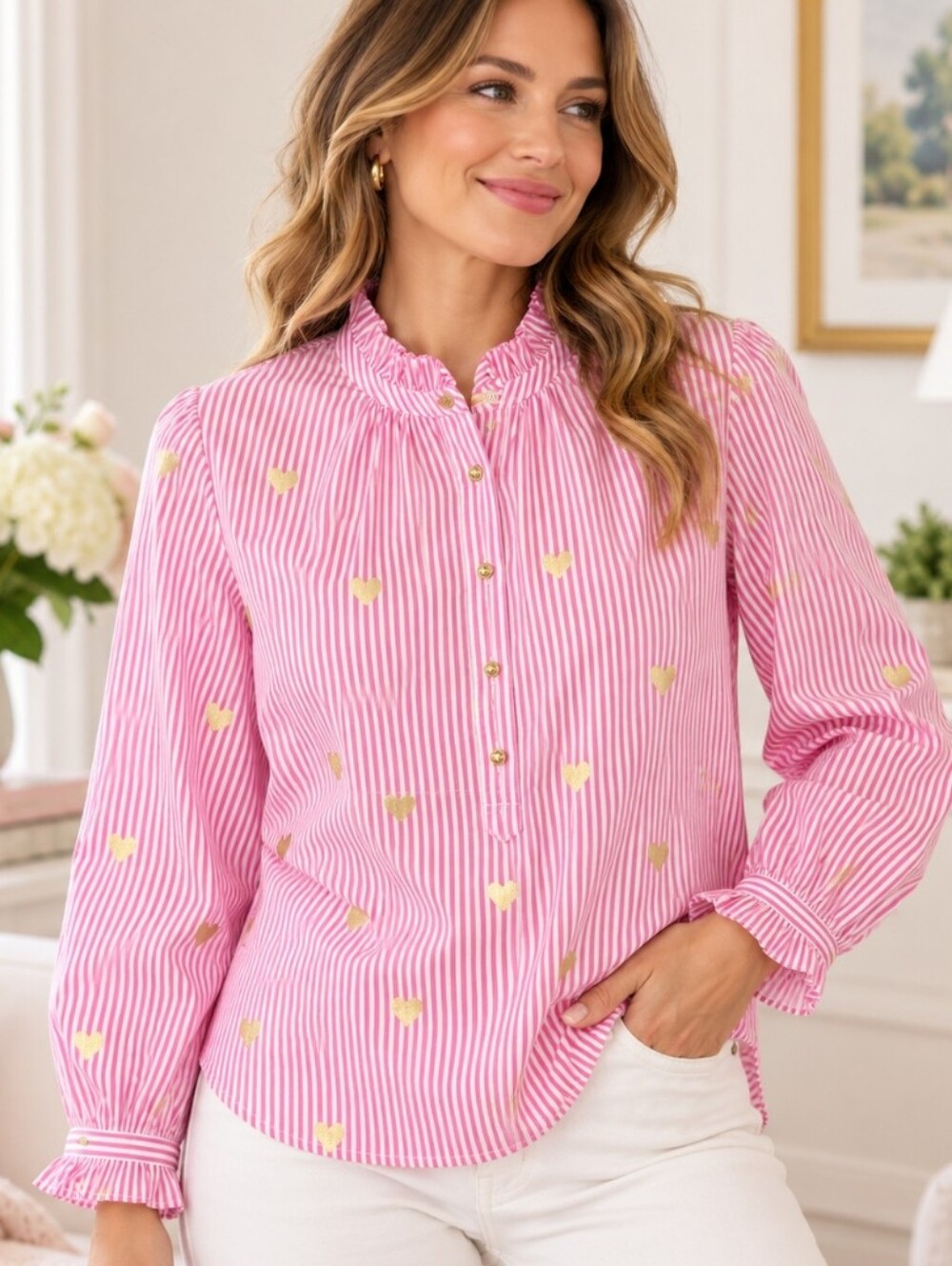 Talbots Heart Stripe Poplin Top Pink White Gold Foil Blouse M Like New